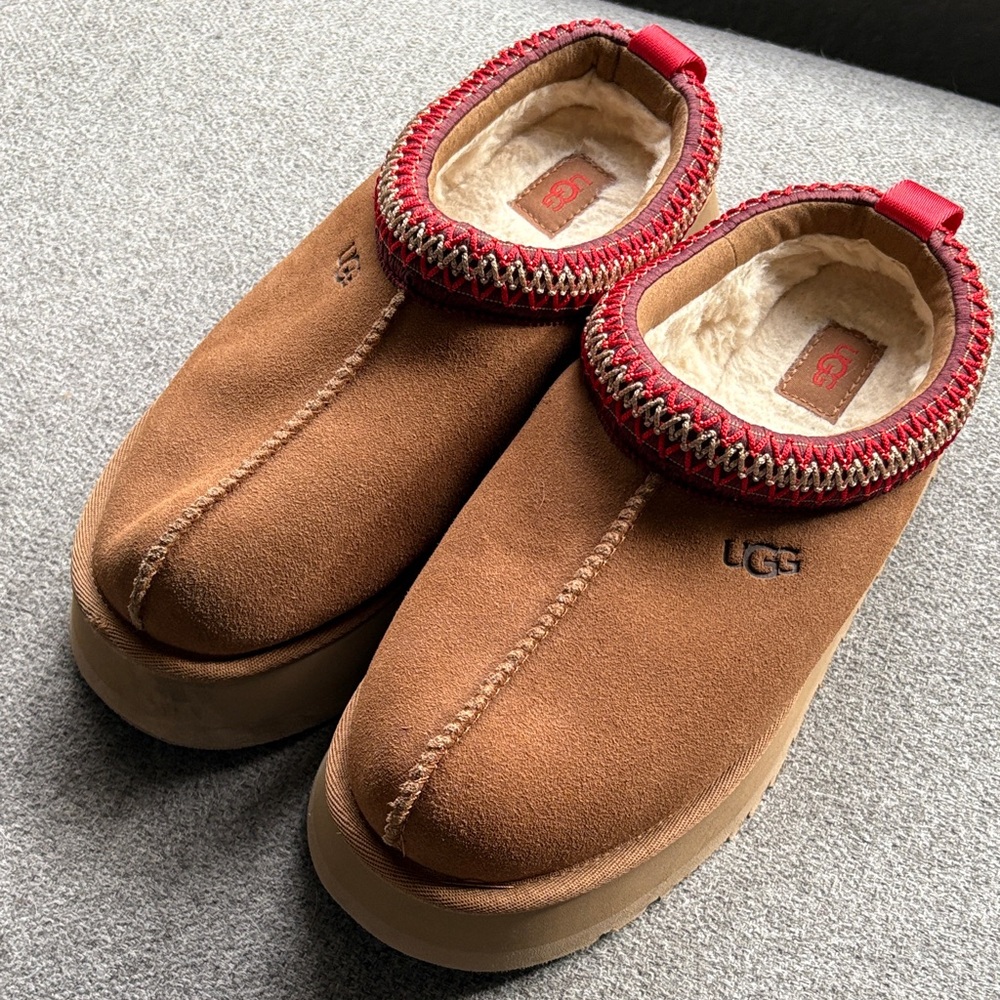UGG Tan Suede platform Slip ons with Red Accents
